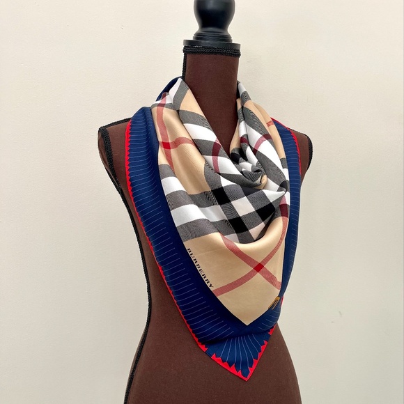Display # 2 Burberry Scarf House Check Beige Blue Border Silk Wrap - Picture 1 of 13